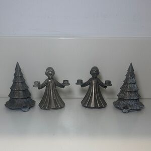 Vintage Silver Pewter Angel Choir and Christmas Tree Candle Holders